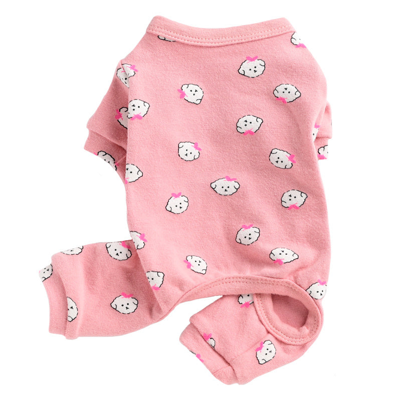 Cotton Cute Pet Pajamas Puppy Dog Clothes Spring And Autumn in pink with cute prints for casual pet clothing.