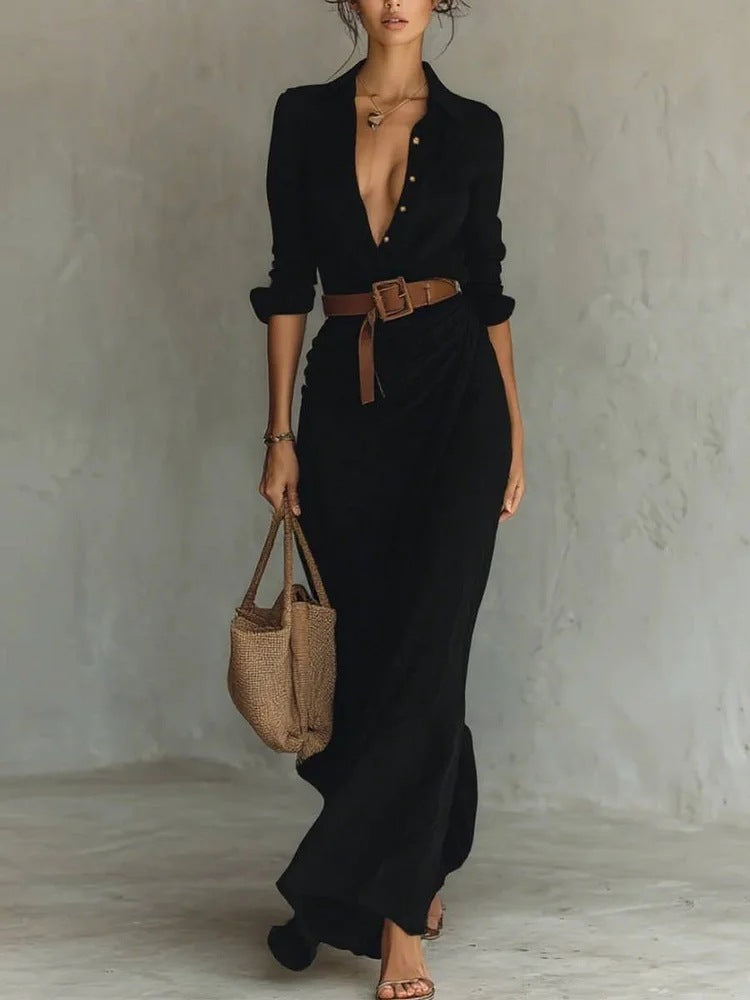 Irregular Long Dress With Belt Fashion And Elegant Button Lapel Long-sleeved Shirt For Women in black, stylish and comfortable.