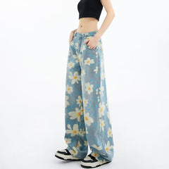 New Summer Printed Floral Wide-leg Washed Jeans For Women with side pockets and casual style.