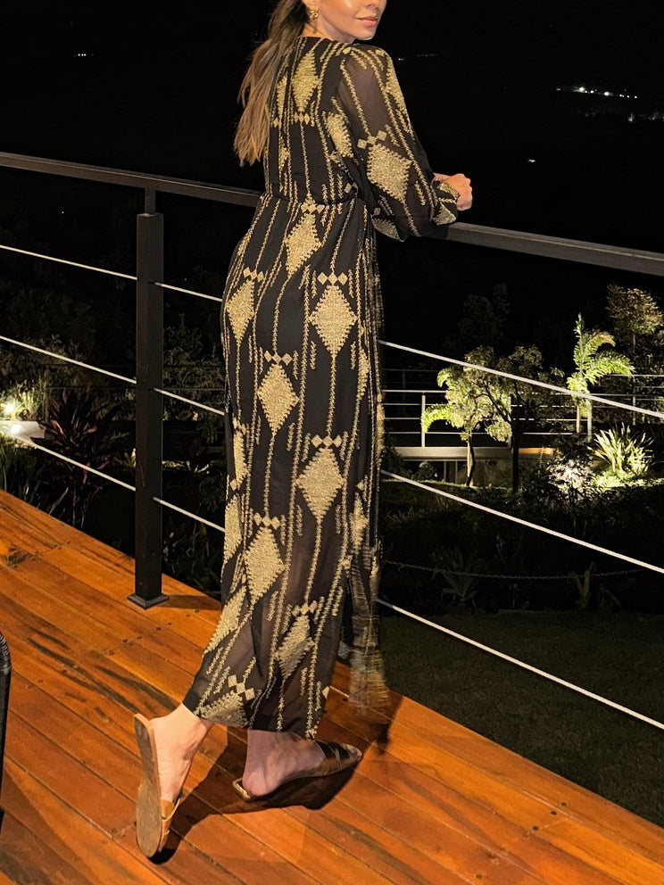 V-neck Printed Long-sleeved Chiffon Dress