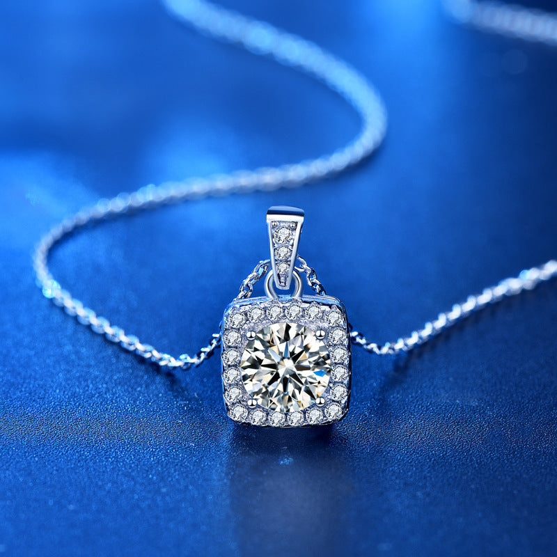 S925 Sterling Silver Jewelry Moissanite Pendant Necklace on a delicate chain with a sparkling diamond design.