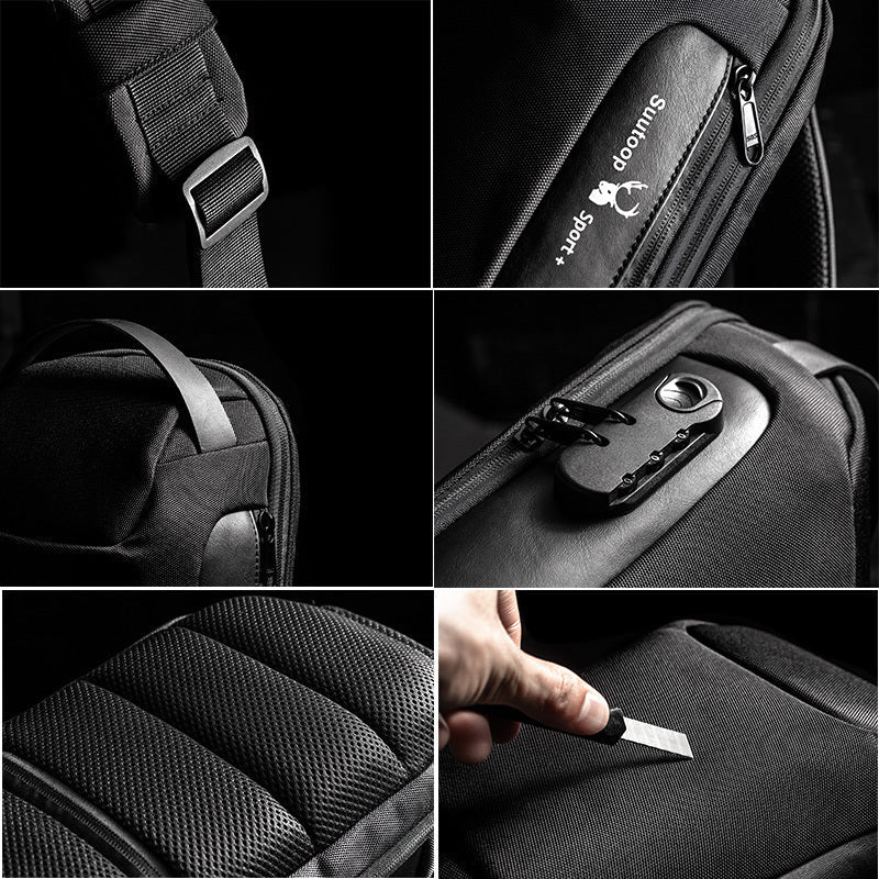 Close-up shots of antitheft money shoulder bag showcasing durable straps, zippers, and scratch-resistant fabric.