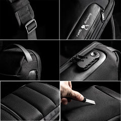 Close-up shots of antitheft money shoulder bag showcasing durable straps, zippers, and scratch-resistant fabric.