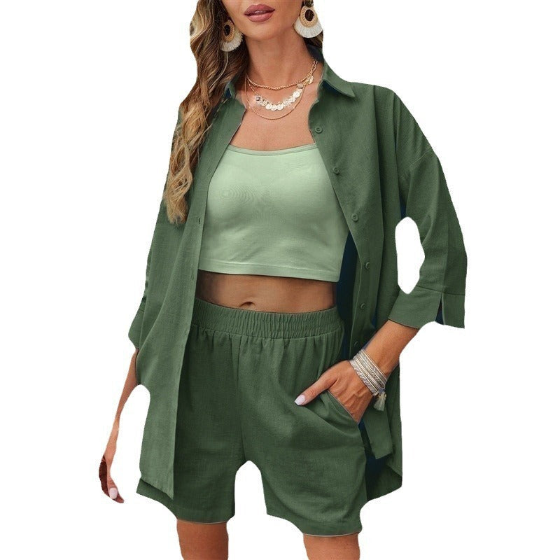 Women's Casual Loose Short Sleeves Shorts Suit in army green with 3/4 sleeves, featuring stylish fashion jewellery.