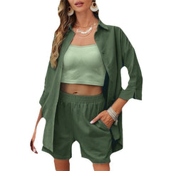 Women's Casual Loose Short Sleeves Shorts Suit in army green with 3/4 sleeves, featuring stylish fashion jewellery.
