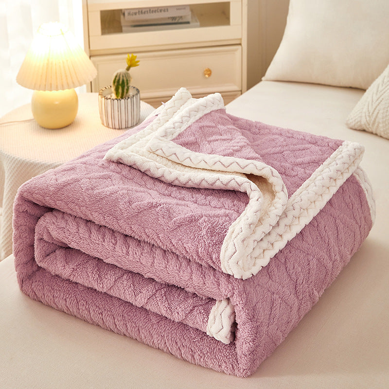 Blanket Double Thickened Warm Coral Fleece Sofa Blanket in soft lavender color folded on a sofa