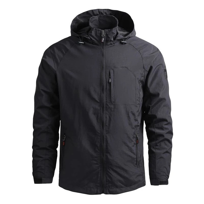 Men's Fashion Solid Color Single Outdoor Jacket in black, featuring a hood and zippered pockets, ideal for outdoor wear.
