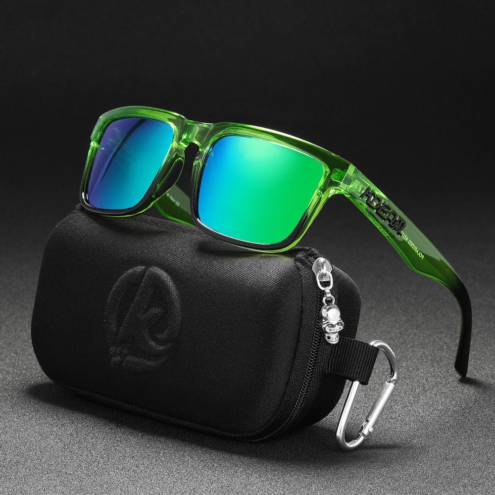 Men And Women Dazzling Color Polarized Sunglasses with green frames and a protective case on a dark background.