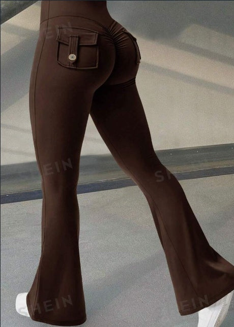 Yoga Fitness Flared Pants with pockets in stylish brown fabric showcasing a flattering fit.