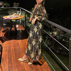 V-neck Printed Long-sleeved Chiffon Dress
