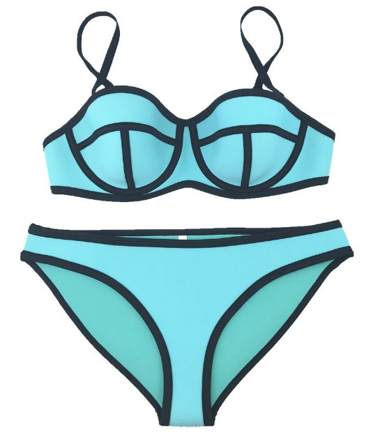 New Style Neoprene Screened Bikini Ladies Swimwear Swimsuit in turquoise with black trim, backless and quick-drying design.