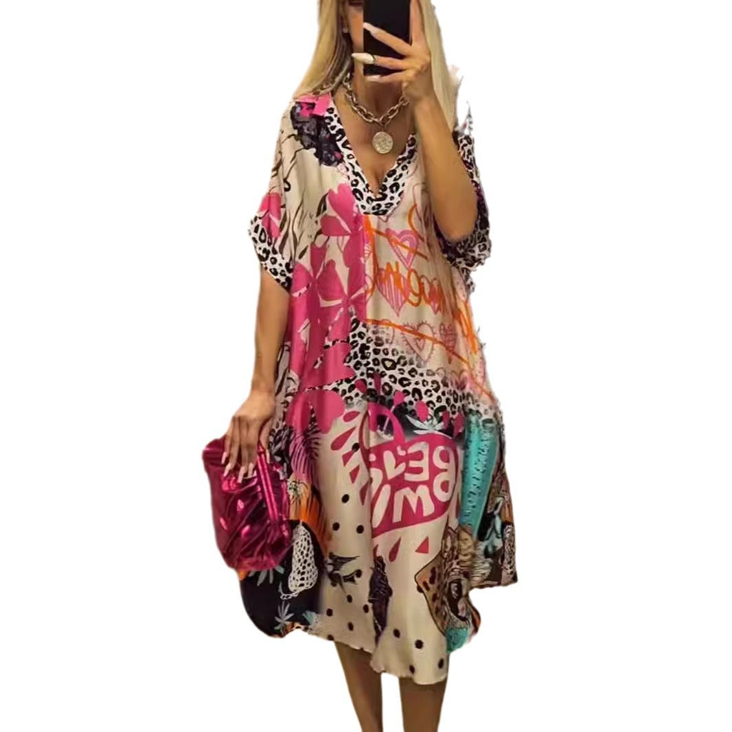 Color Printing Deep V Dress Women