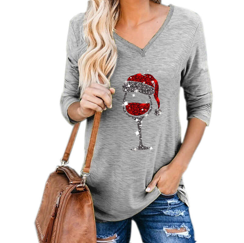 plus size Christmas wine glass top Women Clothing featuring a festive wine glass graphic on a casual grey shirt.