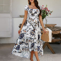 Printed Contrast Color Short Sleeve Dress Women's Clothing