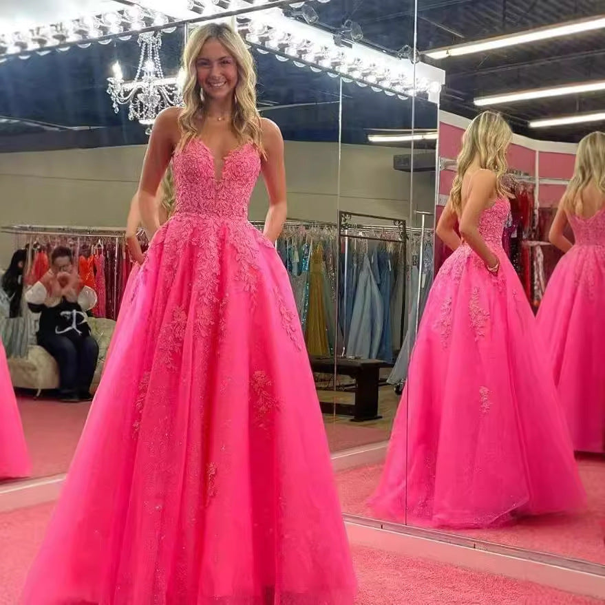 Women's Spaghetti Strap Tulle Long Applique Lace Dress With Long Dress