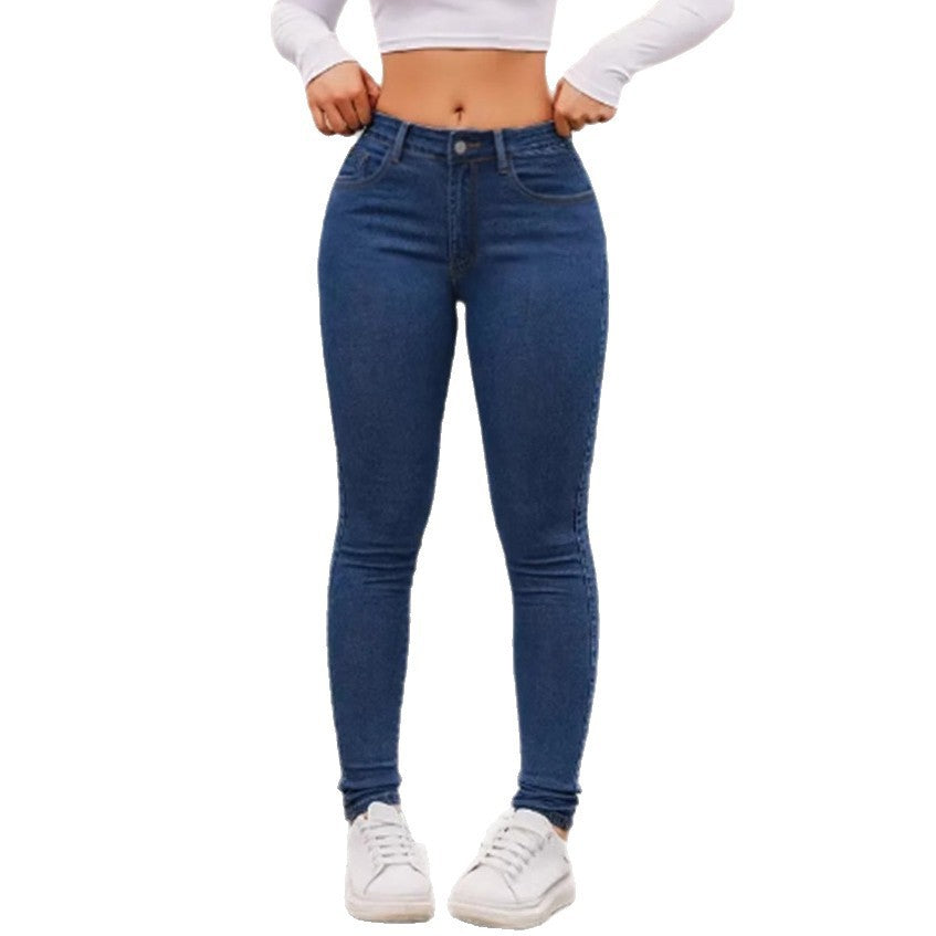 Skinny Stretch Feet Pants Jeans in blue denim, stylish street hipster pencil pants with a slim fit.