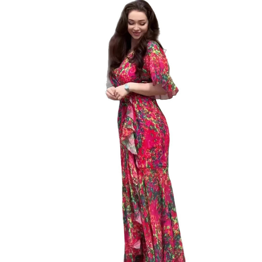 Sexy Elegant Graceful Short Sleeve Sweet Dress in vibrant floral pattern with ruffled sleeves.