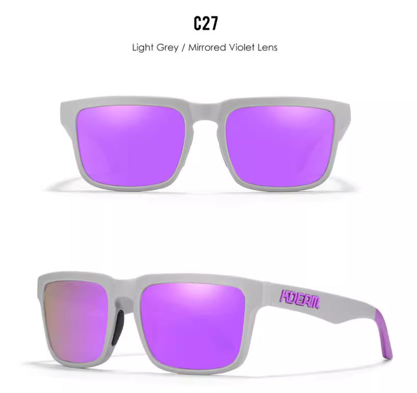Men And Women Dazzling Color Polarized Sunglasses with light grey frame and mirrored violet lenses
