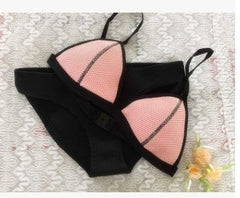 New Style Neoprene Screened Bikini Ladies Swimwear Swimsuit with black and pink design on display.
