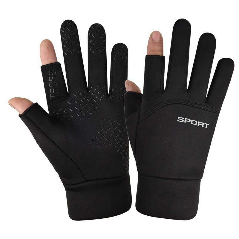 Windproof Waterproof Velvet Warm Waterproof Cycling Non-slip Full Finger Gloves in black, featuring a sporty design and grip.