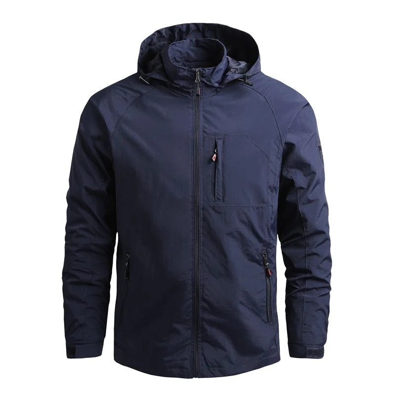 Men's Fashion Solid Color Single Outdoor Jacket in navy blue, featuring a hood and stylish design.