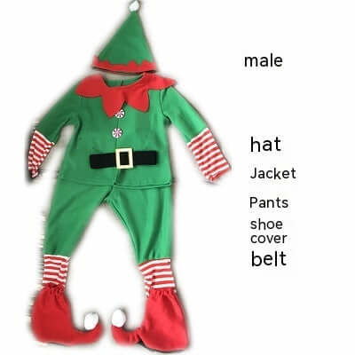 Corduroy Children's Elf Clothing featuring a green and red outfit with hat, jacket, pants, belt, and shoe cover