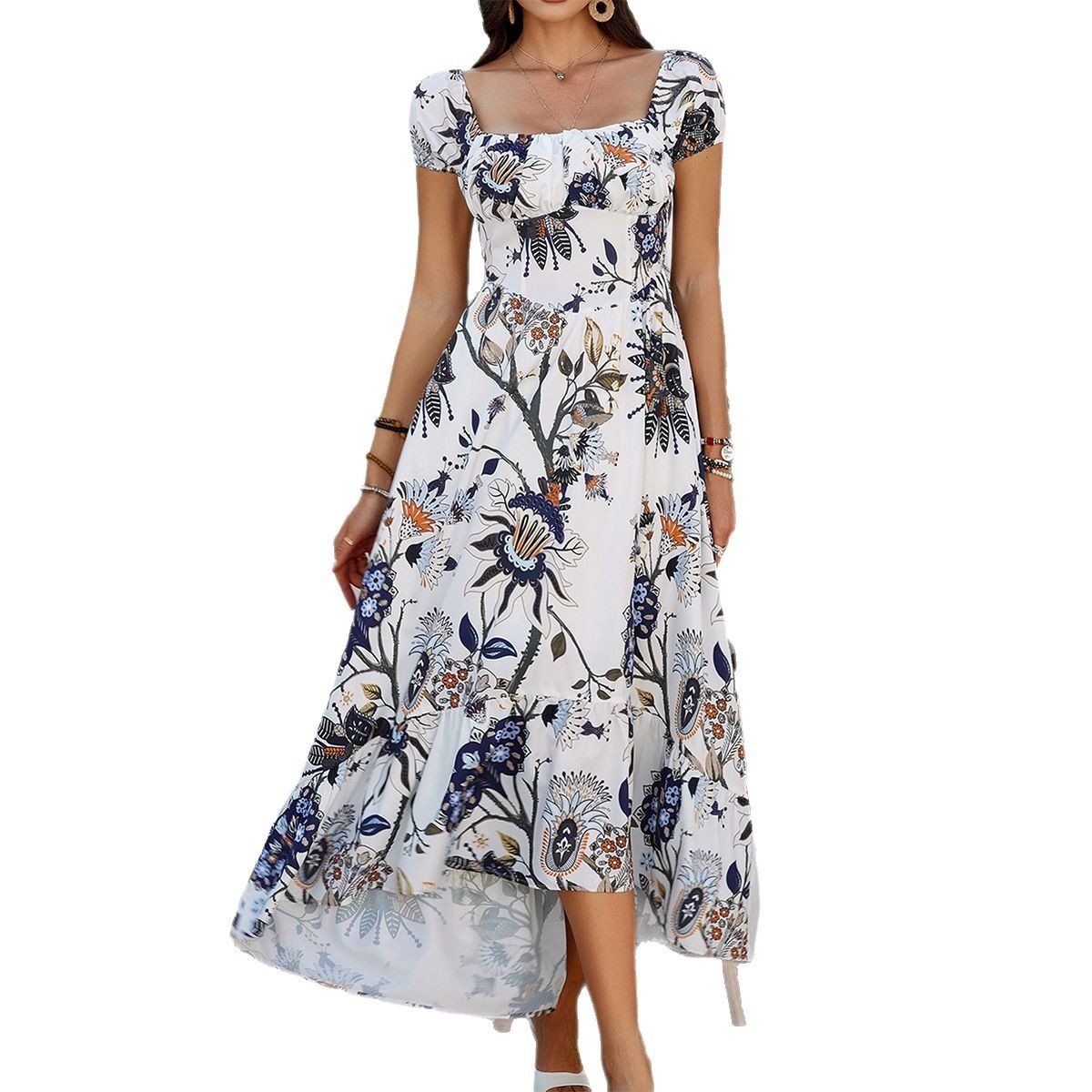 Printed Contrast Color Short Sleeve Dress Women's Clothing