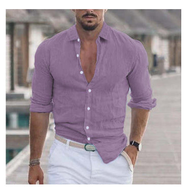 Men's Long Sleeve Shirt With Button Casual Solid Color Tops For Spring Autumn in purple worn with white pants on a sunny day.