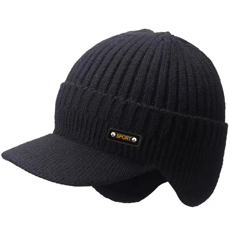 Warm Ear Protection Hat Men's Thickened Woolen Cap in black with ribbed texture and sport label.