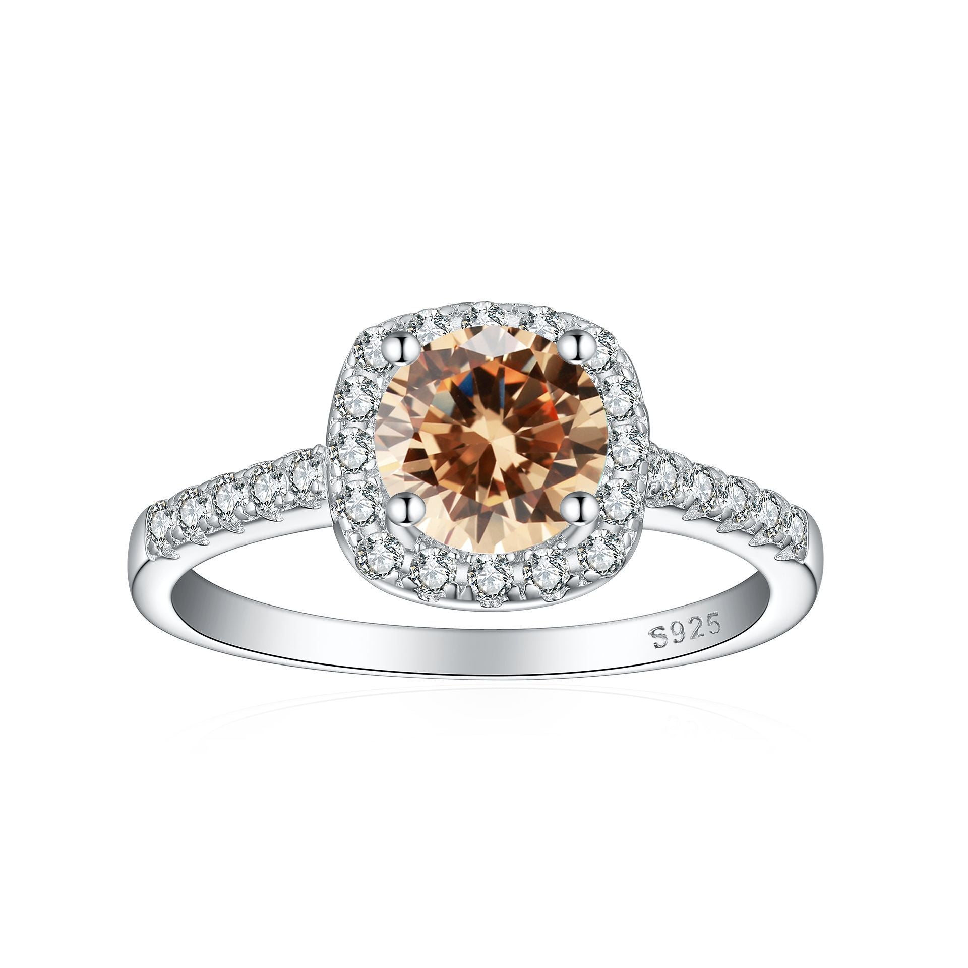 Crystal Colored Gems S925 Sterling Silver Ring For Women featuring champagne colored gemstone and geometric design.