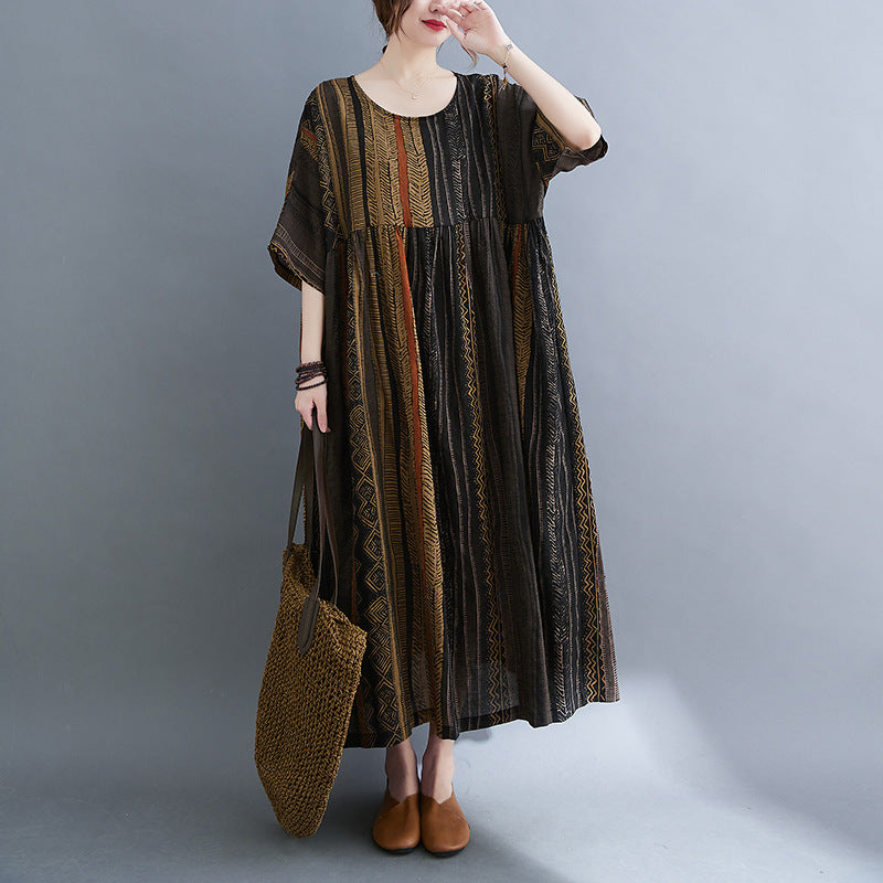 Round Neck Short Sleeve Swing Stripe Dress