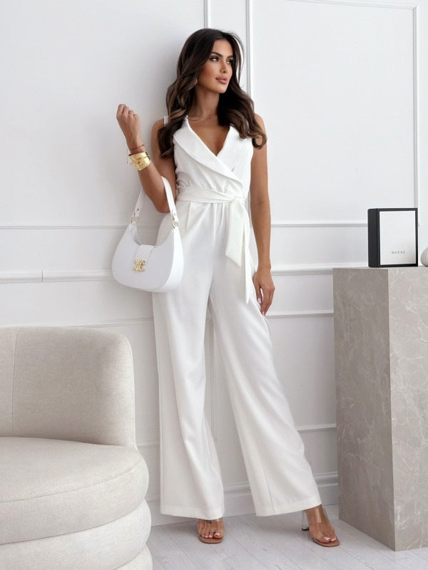 V-neck Sleeveless Jumpsuit With Belt Design Summer Fashion Trousers Women's Clothing in white worn by a model.