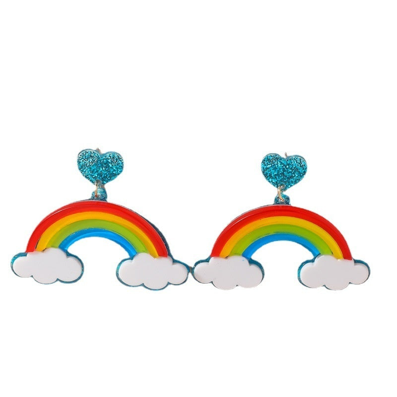 Multi-layer Stereo Acrylic Rainbow White Clouds Heart-shaped Earrings featuring colorful rainbows and cloud designs.