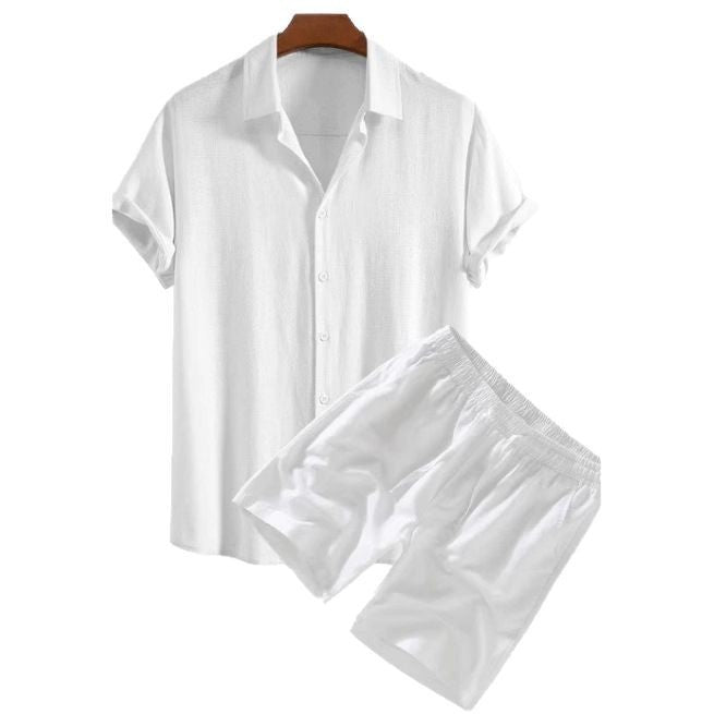 Men's Solid Color Casual Short-sleeved Shirt Shorts Suit in white fabric showcasing short-sleeved shirt and matching shorts.