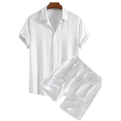 Men's Solid Color Casual Short-sleeved Shirt Shorts Suit in white fabric showcasing short-sleeved shirt and matching shorts.
