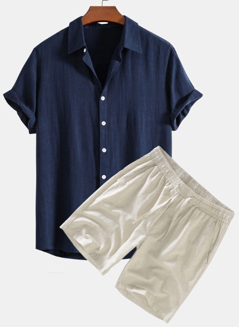 Men's Solid Color Casual Short-sleeved Shirt Shorts Suit, featuring a navy shirt and beige shorts, perfect for casual wear.