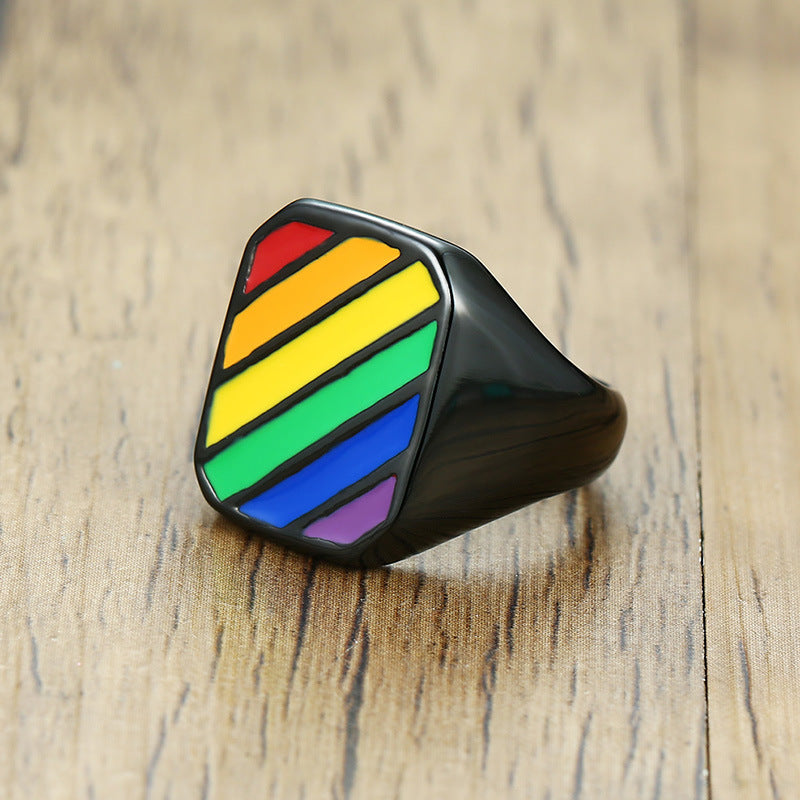 Titanium Steel Rainbow Drip Ring Stainless Steel Gay Geometric Plane Gay Ring