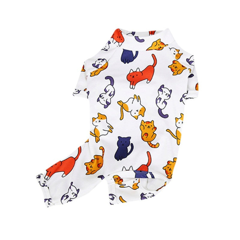 Cartoon Dog T-shirt Costume featuring playful cat patterns on a white background, ideal for pets.
