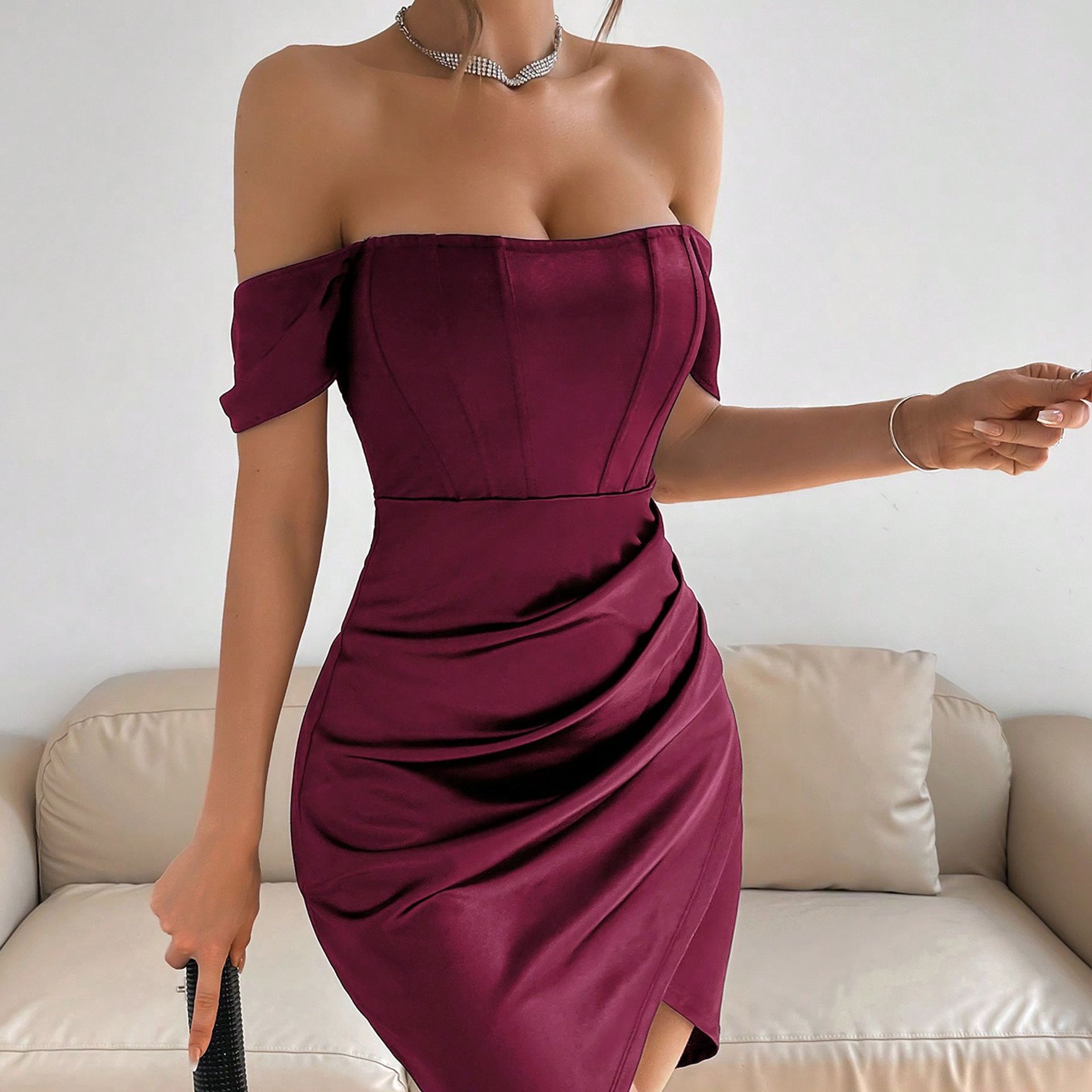 Model wearing Off-shoulder Collar Spring Women's Mid-length Dress in burgundy, showcasing a stylish design and elegant silhouette.