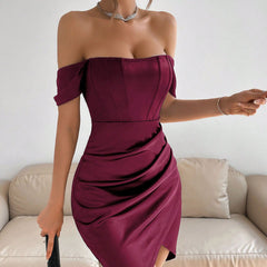 Off-shoulder Collar Spring Women's Mid-length Dress in dark red, perfect for fashion jewellery and Christmas occasions.