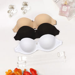 European And American Ladies Transparent Push Up Bras in black, white, and beige colors with detachable straps.