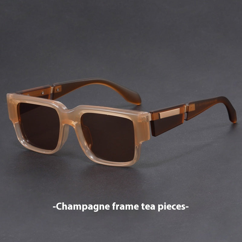 Gray Blue Square Thick Frame Sunglasses UV-proof Retro Simple Sun Glasses in champagne frame tea pieces.