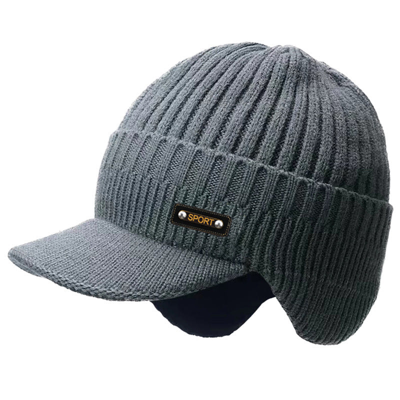 Warm Ear Protection Hat Men's Thickened Woolen Cap in gray with earmuffs and visor.