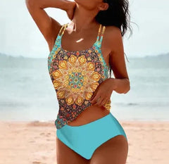 Vintage Printed Split High Waist Conservative Swimwear displayed on a model at the beach, showcasing a colorful design.